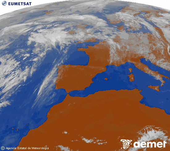 Imagen de la zona de Europa y Norte de �frica del canal infrarrojo del sat�lite Meteosat operacional en 0�N 0�W, procesada para darle color.&nbsp;jeudi, 21 mai  2026 14:00