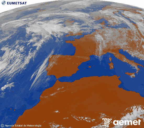 Imagen de la zona de Europa y Norte de �frica del canal infrarrojo del sat�lite Meteosat operacional en 0�N 0�W, procesada para darle color.&nbsp;jeudi, 21 mai  2026 16:00