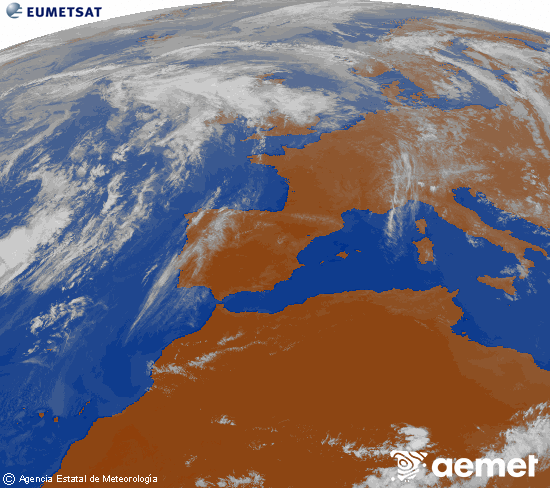 Imagen de la zona de Europa y Norte de �frica del canal infrarrojo del sat�lite Meteosat operacional en 0�N 0�W, procesada para darle color.&nbsp;jeudi, 21 mai  2026 19:00