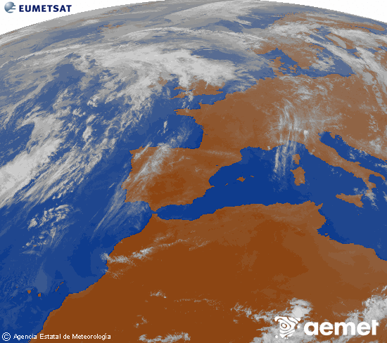 Imagen de la zona de Europa y Norte de �frica del canal infrarrojo del sat�lite Meteosat operacional en 0�N 0�W, procesada para darle color.&nbsp;jeudi, 21 mai  2026 20:00