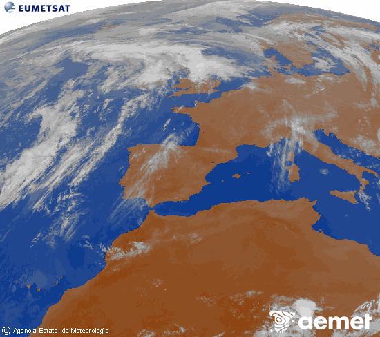 Imagen de la zona de Europa y Norte de �frica del canal infrarrojo del sat�lite Meteosat operacional en 0�N 0�W, procesada para darle color.&nbsp;jeudi, 21 mai  2026 22:00