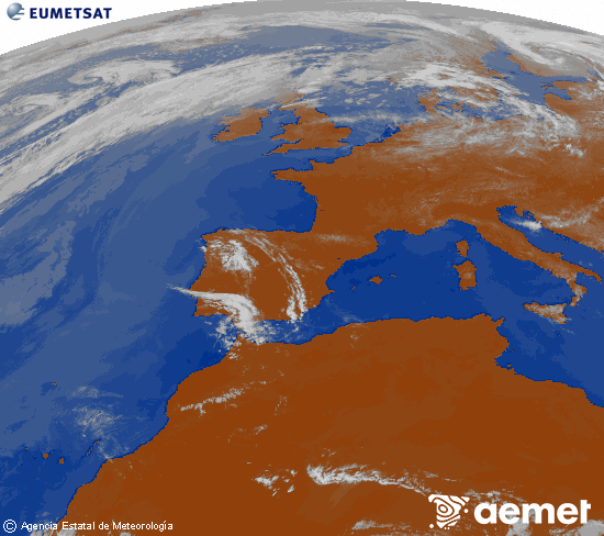 Imagen de la zona de Europa y Norte de �frica del canal infrarrojo del sat�lite Meteosat operacional en 0�N 0�W, procesada para darle color.&nbsp;domingo, 24 mayo 2026 a las 13:00