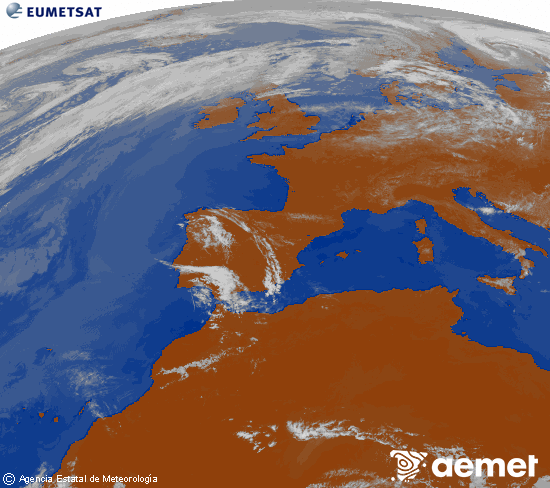 Imagen de la zona de Europa y Norte de �frica del canal infrarrojo del sat�lite Meteosat operacional en 0�N 0�W, procesada para darle color.&nbsp;domingo, 24 mayo 2026 a las 14:00