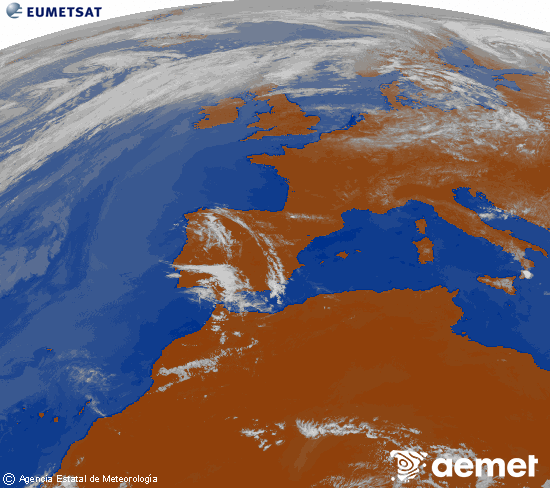 Imagen de la zona de Europa y Norte de �frica del canal infrarrojo del sat�lite Meteosat operacional en 0�N 0�W, procesada para darle color.&nbsp;domingo, 24 mayo 2026 a las 15:00