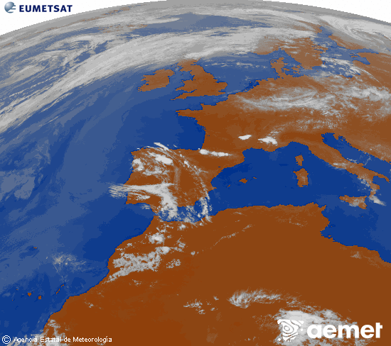 Imagen de la zona de Europa y Norte de �frica del canal infrarrojo del sat�lite Meteosat operacional en 0�N 0�W, procesada para darle color.&nbsp;domingo, 24 mayo 2026 a las 18:00