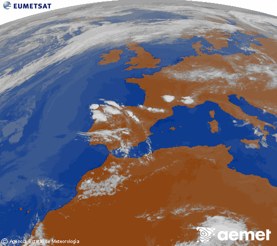 Imagen de la zona de Europa y Norte de �frica del canal infrarrojo del sat�lite Meteosat operacional en 0�N 0�W, procesada para darle color.&nbsp;domingo, 24 mayo 2026 a las 20:00