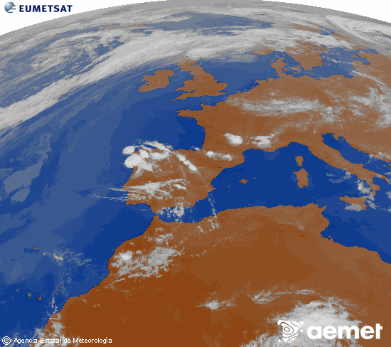 Imagen de la zona de Europa y Norte de �frica del canal infrarrojo del sat�lite Meteosat operacional en 0�N 0�W, procesada para darle color.&nbsp;domingo, 24 mayo 2026 a las 21:00