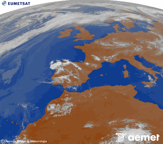 Imagen de la zona de Europa y Norte de �frica del canal infrarrojo del sat�lite Meteosat operacional en 0�N 0�W, procesada para darle color.&nbsp;domingo, 24 mayo 2026 a las 22:00