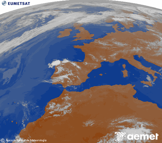 Imagen de la zona de Europa y Norte de �frica del canal infrarrojo del sat�lite Meteosat operacional en 0�N 0�W, procesada para darle color.&nbsp;domingo, 24 mayo 2026 a las 23:00