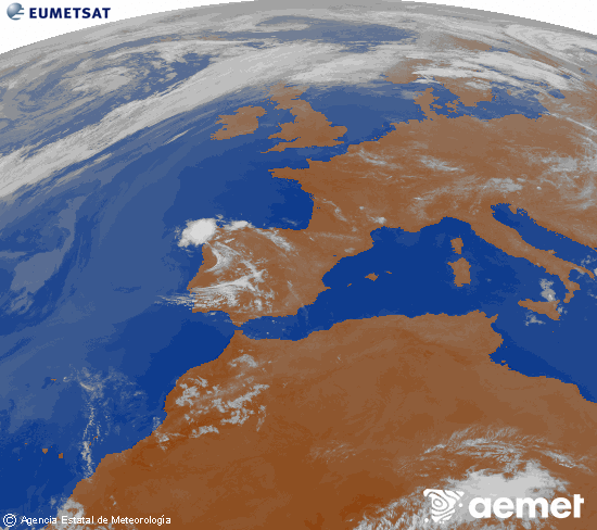 Imagen de la zona de Europa y Norte de �frica del canal infrarrojo del sat�lite Meteosat operacional en 0�N 0�W, procesada para darle color.&nbsp;lunes, 25 mayo 2026 a las 00:00