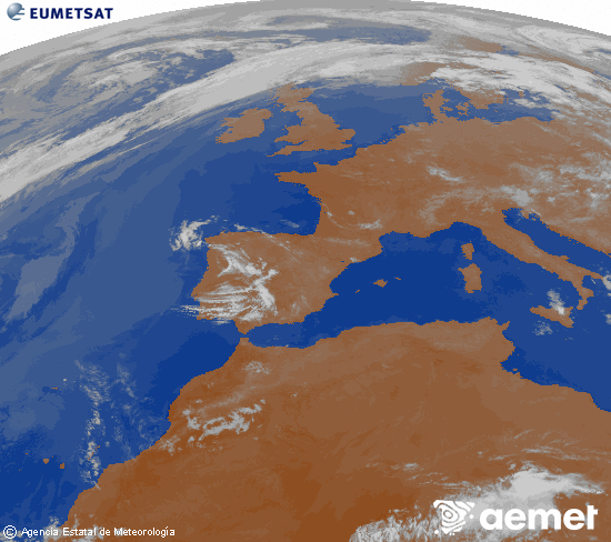 Imagen de la zona de Europa y Norte de �frica del canal infrarrojo del sat�lite Meteosat operacional en 0�N 0�W, procesada para darle color.&nbsp;lunes, 25 mayo 2026 a las 02:00