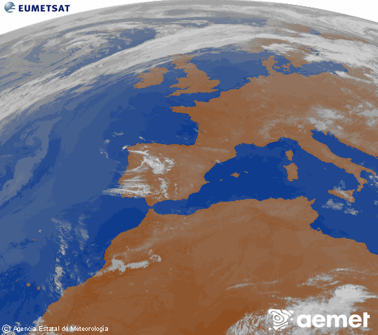 Imagen de la zona de Europa y Norte de �frica del canal infrarrojo del sat�lite Meteosat operacional en 0�N 0�W, procesada para darle color.&nbsp;lunes, 25 mayo 2026 a las 04:00