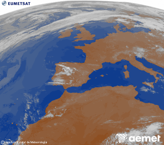 Imagen de la zona de Europa y Norte de �frica del canal infrarrojo del sat�lite Meteosat operacional en 0�N 0�W, procesada para darle color.&nbsp;lunes, 25 mayo 2026 a las 05:00