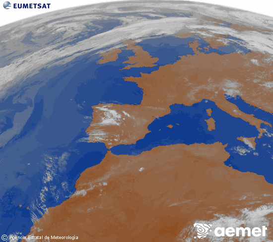 Imagen de la zona de Europa y Norte de �frica del canal infrarrojo del sat�lite Meteosat operacional en 0�N 0�W, procesada para darle color.&nbsp;lunes, 25 mayo 2026 a las 06:00