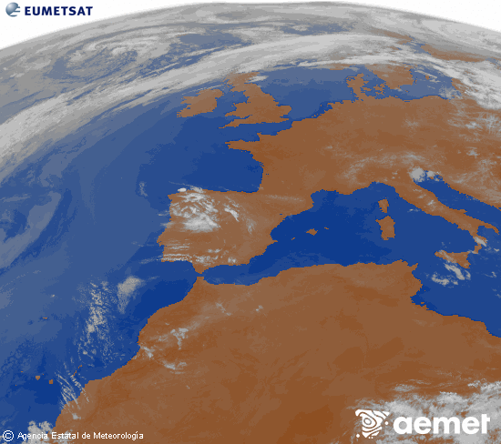 Imagen de la zona de Europa y Norte de �frica del canal infrarrojo del sat�lite Meteosat operacional en 0�N 0�W, procesada para darle color.&nbsp;lunes, 25 mayo 2026 a las 08:00