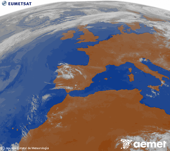 Imagen de la zona de Europa y Norte de �frica del canal infrarrojo del sat�lite Meteosat operacional en 0�N 0�W, procesada para darle color.&nbsp;lunes, 25 mayo 2026 a las 09:00