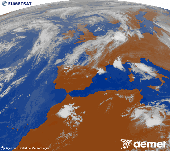 Imagen de la zona de Europa y Norte de �frica del canal infrarrojo del sat�lite Meteosat operacional en 0�N 0�W, procesada para darle color.&nbsp;viernes, 29 mayo 2026 a las 19:00
