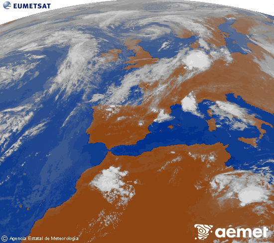 Imagen de la zona de Europa y Norte de �frica del canal infrarrojo del sat�lite Meteosat operacional en 0�N 0�W, procesada para darle color.&nbsp;viernes, 29 mayo 2026 a las 20:00