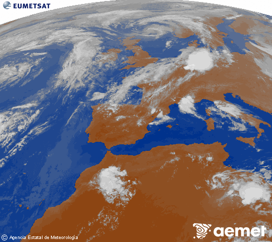 Imagen de la zona de Europa y Norte de �frica del canal infrarrojo del sat�lite Meteosat operacional en 0�N 0�W, procesada para darle color.&nbsp;viernes, 29 mayo 2026 a las 21:00