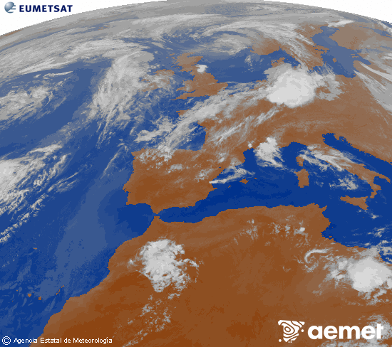 Imagen de la zona de Europa y Norte de �frica del canal infrarrojo del sat�lite Meteosat operacional en 0�N 0�W, procesada para darle color.&nbsp;viernes, 29 mayo 2026 a las 22:00