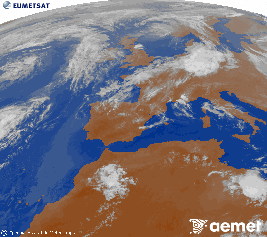 Imagen de la zona de Europa y Norte de �frica del canal infrarrojo del sat�lite Meteosat operacional en 0�N 0�W, procesada para darle color.&nbsp;viernes, 29 mayo 2026 a las 23:00