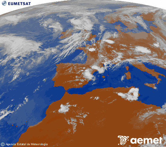 Imagen de la zona de Europa y Norte de �frica del canal infrarrojo del sat�lite Meteosat operacional en 0�N 0�W, procesada para darle color.&nbsp;Saturday, 30 May  2026 19:00