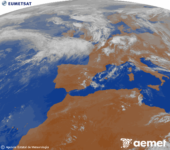 Imagen de la zona de Europa y Norte de �frica del canal infrarrojo del sat�lite Meteosat operacional en 0�N 0�W, procesada para darle color.&nbsp;igandea, 2026ko maiatzak 31, ordua: 02:00