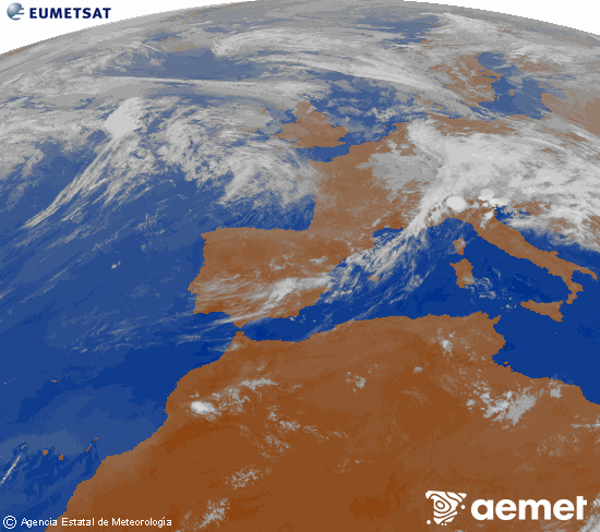 Imagen de la zona de Europa y Norte de �frica del canal infrarrojo del sat�lite Meteosat operacional en 0�N 0�W, procesada para darle color.&nbsp;domingo, 31 mayo 2026 a las 23:00