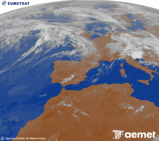 Imagen de la zona de Europa y Norte de �frica del canal infrarrojo del sat�lite Meteosat operacional en 0�N 0�W, procesada para darle color.&nbsp;lunes, 01 junio 2026 a las 03:00