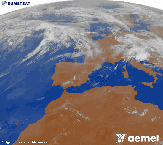 Imagen de la zona de Europa y Norte de �frica del canal infrarrojo del sat�lite Meteosat operacional en 0�N 0�W, procesada para darle color.&nbsp;lunes, 01 junio 2026 a las 04:00