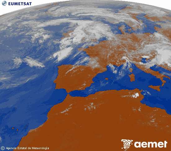 Imagen de la zona de Europa y Norte de �frica del canal infrarrojo del sat�lite Meteosat operacional en 0�N 0�W, procesada para darle color.&nbsp;lunes, 01 junio 2026 a las 14:00