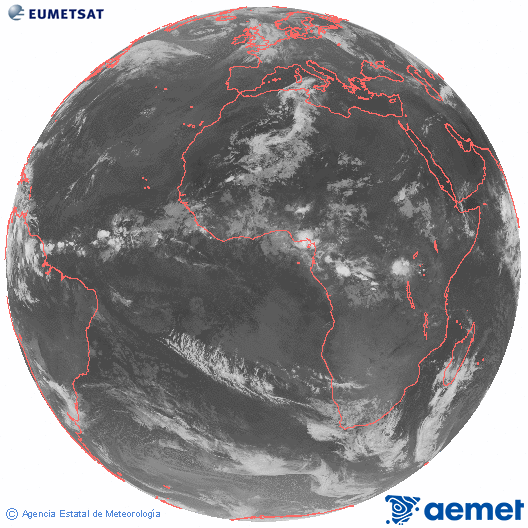 Imagen global del canal infrarrojo (10.8 &mu;m) del sat�lite Meteosat, perteneciente a la serie MSG (Meteosat Segunda Generaci�n) y situado en 0�N 0�E.&nbsp;Monday, 8 June  2026 05:00