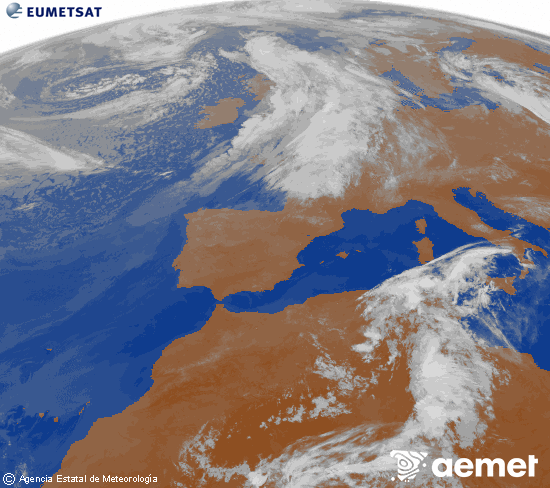 Imatge de la zona d'Europa i Nord d'�frica del canal infraroig del sat�l�lit Meteosat operacional en 0�N 0�W, processada per a donar-li color.&nbsp;dilluns, 8 de juny  2026 07:00