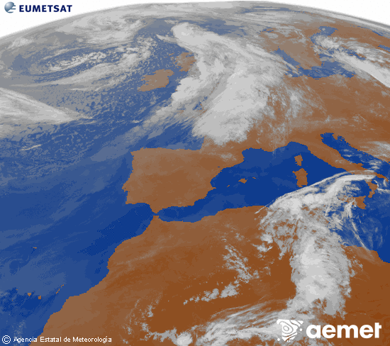 Imatge de la zona d'Europa i Nord d'�frica del canal infraroig del sat�l�lit Meteosat operacional en 0�N 0�W, processada per a donar-li color.&nbsp;dilluns, 8 de juny  2026 08:00