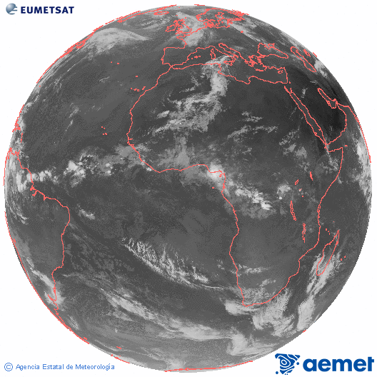 Imagen global del canal infrarrojo (10.8 &mu;m) del sat�lite Meteosat, perteneciente a la serie MSG (Meteosat Segunda Generaci�n) y situado en 0�N 0�E.&nbsp;Monday, 8 June  2026 08:00