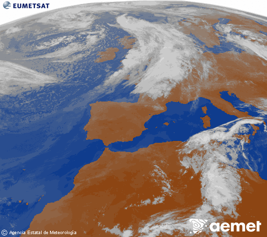 Imatge de la zona d'Europa i Nord d'�frica del canal infraroig del sat�l�lit Meteosat operacional en 0�N 0�W, processada per a donar-li color.&nbsp;dilluns, 8 de juny  2026 09:00
