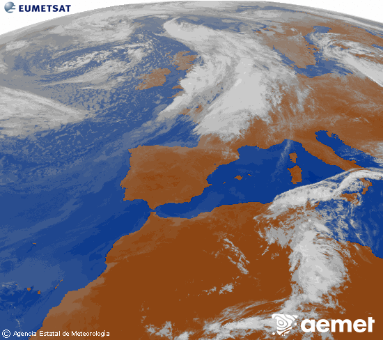 Imatge de la zona d'Europa i Nord d'�frica del canal infraroig del sat�l�lit Meteosat operacional en 0�N 0�W, processada per a donar-li color.&nbsp;dilluns, 8 de juny  2026 10:00