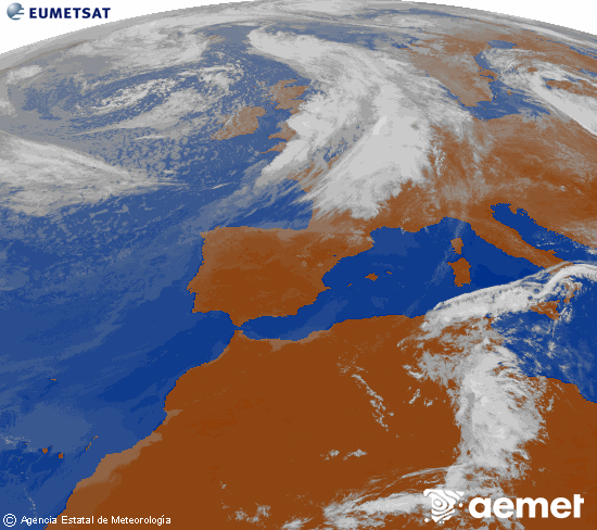 Imatge de la zona d'Europa i Nord d'�frica del canal infraroig del sat�l�lit Meteosat operacional en 0�N 0�W, processada per a donar-li color.&nbsp;dilluns, 8 de juny  2026 11:00