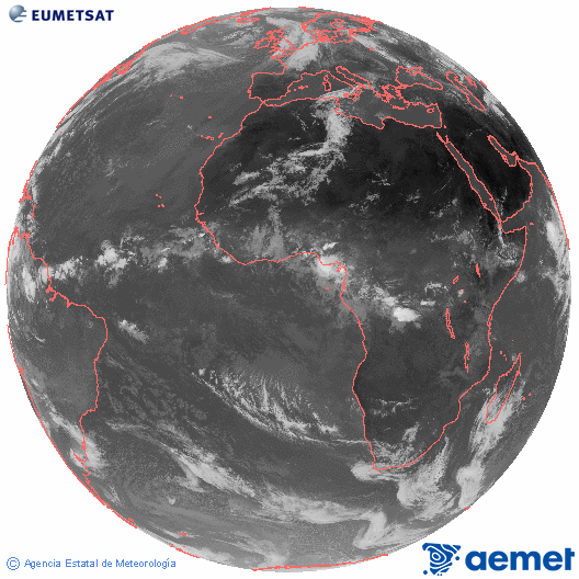 Imagen global del canal infrarrojo (10.8 &mu;m) del sat�lite Meteosat, perteneciente a la serie MSG (Meteosat Segunda Generaci�n) y situado en 0�N 0�E.&nbsp;Monday, 8 June  2026 11:00