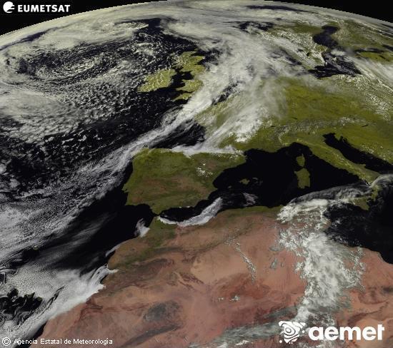 Esta imagen se genera utilizando informaci�n de los canales visibles del sat�lite METEOSAT perteneciente a la segunda generaci�n de sat�lites Meteosat (MSG). Por ese motivo, s�lo hay informaci�n en la zona iluminada por el sol. Adem�s, los canales han sido normalizados para que el brillo no dependa de la posici�n del sol.&nbsp;lunes, 08 junio 2026 a las 12:00