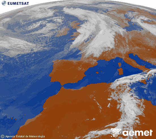 Imatge de la zona d'Europa i Nord d'�frica del canal infraroig del sat�l�lit Meteosat operacional en 0�N 0�W, processada per a donar-li color.&nbsp;dilluns, 8 de juny  2026 12:00