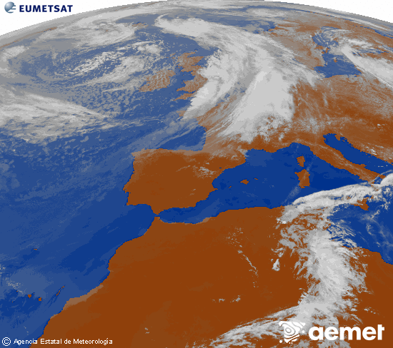 Imatge de la zona d'Europa i Nord d'�frica del canal infraroig del sat�l�lit Meteosat operacional en 0�N 0�W, processada per a donar-li color.&nbsp;dilluns, 8 de juny  2026 13:00
