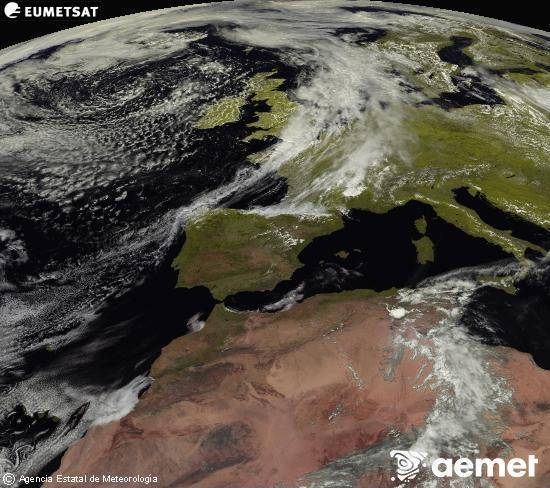 Esta imagen se genera utilizando informaci�n de los canales visibles del sat�lite METEOSAT perteneciente a la segunda generaci�n de sat�lites Meteosat (MSG). Por ese motivo, s�lo hay informaci�n en la zona iluminada por el sol. Adem�s, los canales han sido normalizados para que el brillo no dependa de la posici�n del sol.&nbsp;lunes, 08 junio 2026 a las 14:00