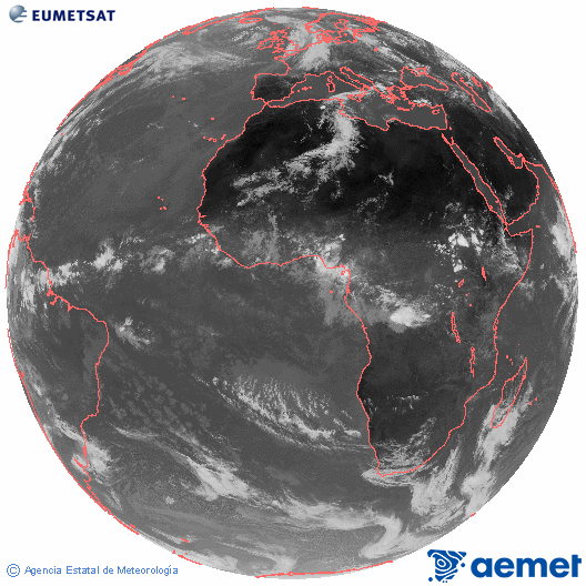 Imagen global del canal infrarrojo (10.8 &mu;m) del sat�lite Meteosat, perteneciente a la serie MSG (Meteosat Segunda Generaci�n) y situado en 0�N 0�E.&nbsp;Monday, 8 June  2026 14:00
