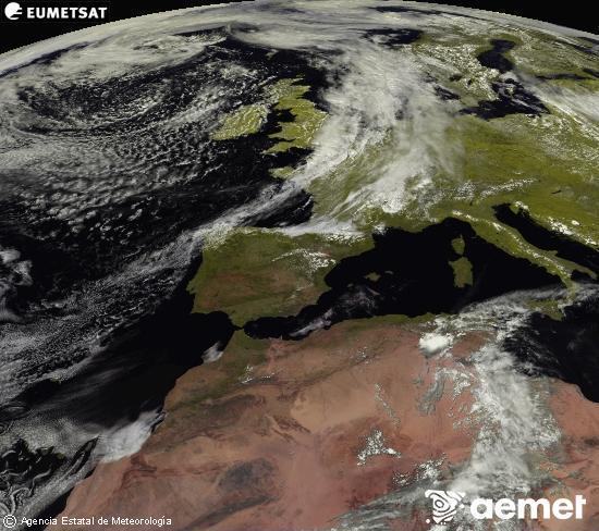 Esta imagen se genera utilizando informaci�n de los canales visibles del sat�lite METEOSAT perteneciente a la segunda generaci�n de sat�lites Meteosat (MSG). Por ese motivo, s�lo hay informaci�n en la zona iluminada por el sol. Adem�s, los canales han sido normalizados para que el brillo no dependa de la posici�n del sol.&nbsp;lunes, 08 junio 2026 a las 15:00