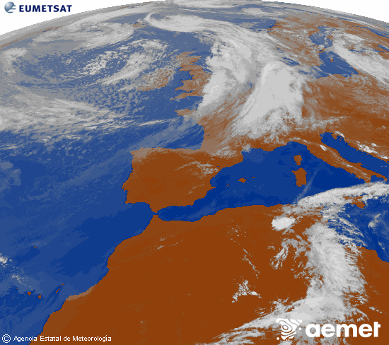 Imatge de la zona d'Europa i Nord d'�frica del canal infraroig del sat�l�lit Meteosat operacional en 0�N 0�W, processada per a donar-li color.&nbsp;dilluns, 8 de juny  2026 15:00