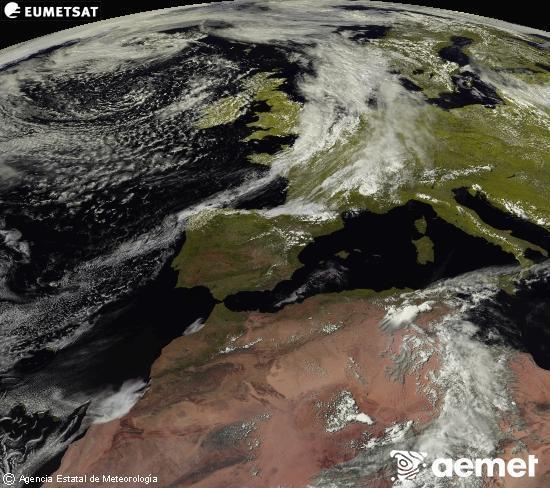 Esta imagen se genera utilizando informaci�n de los canales visibles del sat�lite METEOSAT perteneciente a la segunda generaci�n de sat�lites Meteosat (MSG). Por ese motivo, s�lo hay informaci�n en la zona iluminada por el sol. Adem�s, los canales han sido normalizados para que el brillo no dependa de la posici�n del sol.&nbsp;lunes, 08 junio 2026 a las 16:00