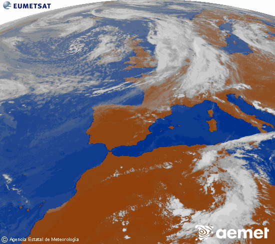 Imatge de la zona d'Europa i Nord d'�frica del canal infraroig del sat�l�lit Meteosat operacional en 0�N 0�W, processada per a donar-li color.&nbsp;dilluns, 8 de juny  2026 18:00