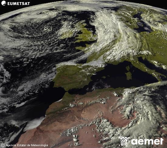 Esta imagen se genera utilizando informaci�n de los canales visibles del sat�lite METEOSAT perteneciente a la segunda generaci�n de sat�lites Meteosat (MSG). Por ese motivo, s�lo hay informaci�n en la zona iluminada por el sol. Adem�s, los canales han sido normalizados para que el brillo no dependa de la posici�n del sol.&nbsp;lunes, 08 junio 2026 a las 19:00