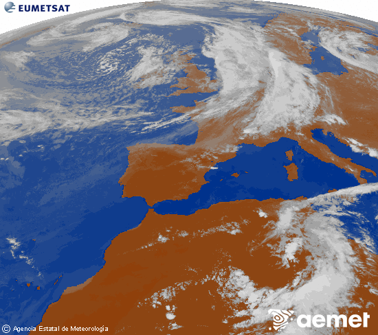 Imatge de la zona d'Europa i Nord d'�frica del canal infraroig del sat�l�lit Meteosat operacional en 0�N 0�W, processada per a donar-li color.&nbsp;dilluns, 8 de juny  2026 19:00